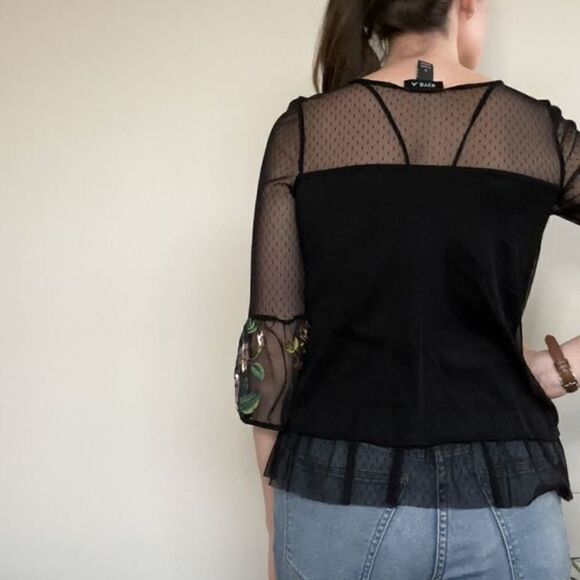 A. Byer Boho Black Sheer Embroidered Bell Sleeve Top  S - Picture 3 of 13